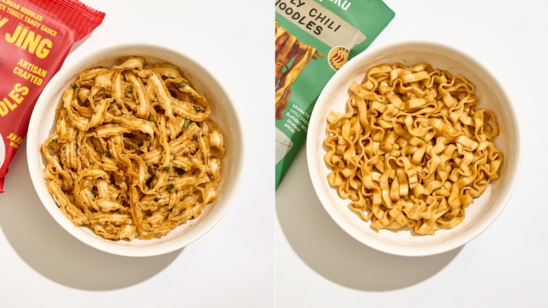 Bowl of chili crisp noodles next to a bowl of tingly chili noodles