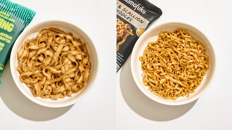 Classic soy noodles in a bowl next to soy and scallion noodles in a bowl