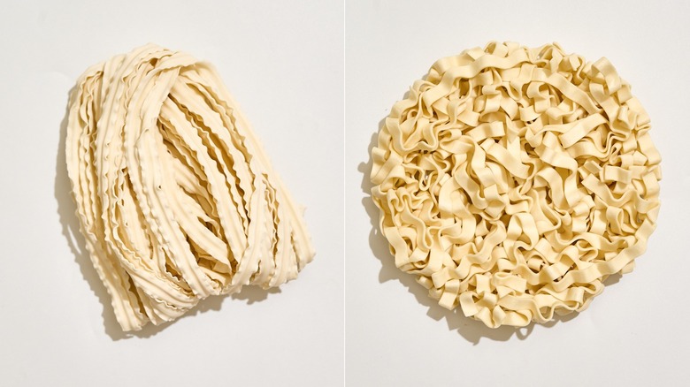 Dry Momofuku noodles next to dry Fly By Jing noodles