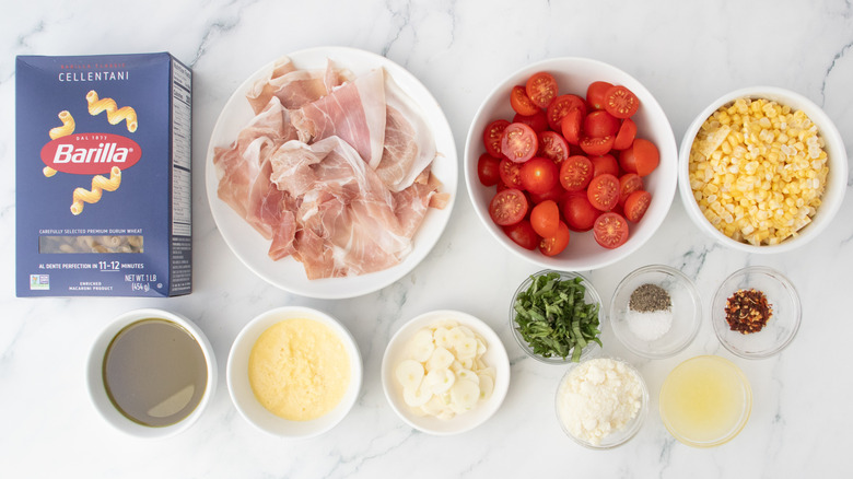 Assorted ingredients for the foil packet pasta
