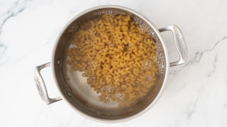 Large pot filled with boiling water and dried pasta