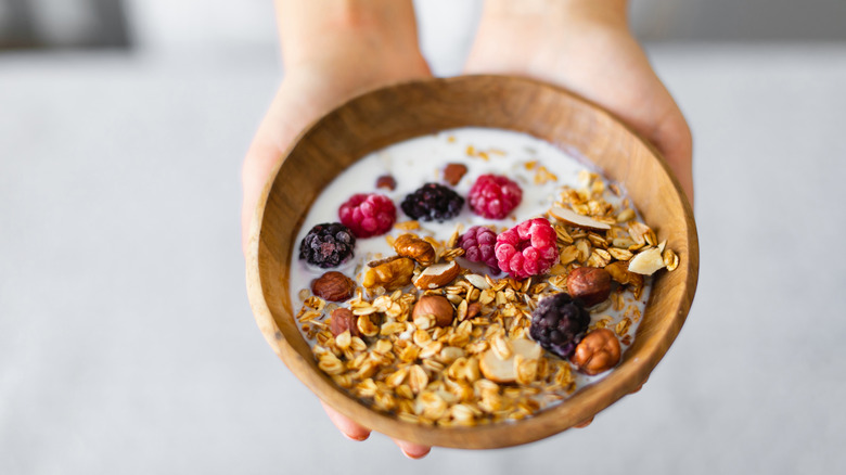 A hand holding a bowl of granola topped with milk, fruits, and nuts