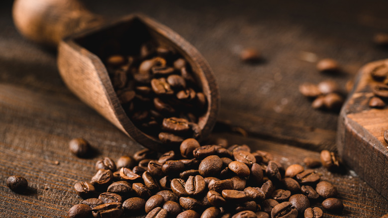 coffee beans spilling from a wooden scoop