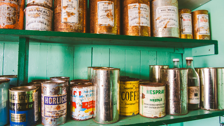 Shelves of old fashioned canned food