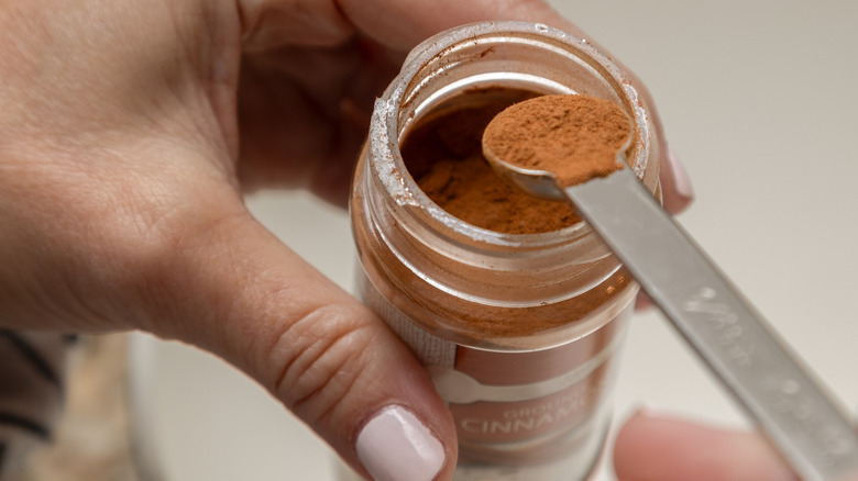 Person scooping cinnamon out of a container with a measuring spoon