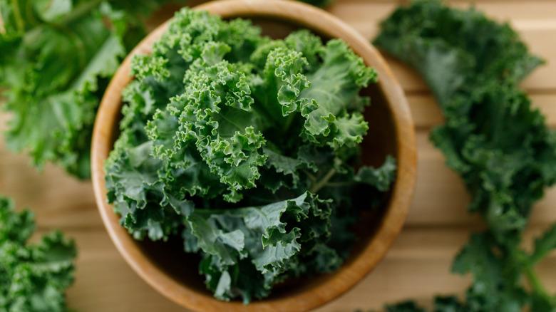 Close-up of kale in a wooden bowl