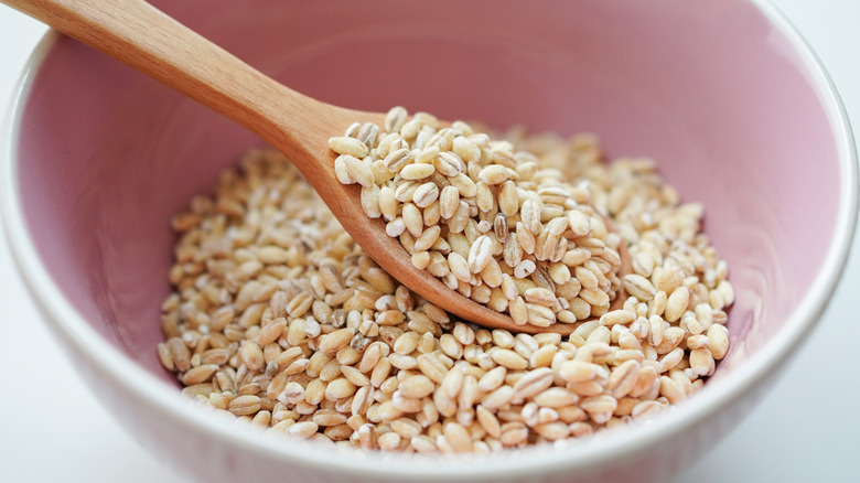 Bowl of barley in a pink bowl with a wooden spoon