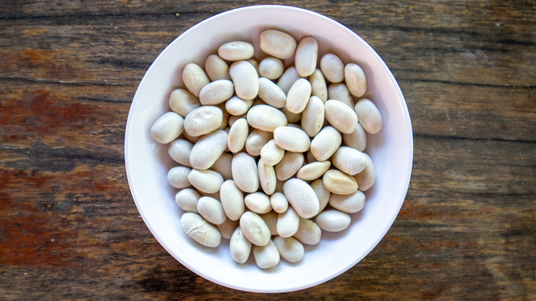 Navy beans in a white bowl on a wooden background