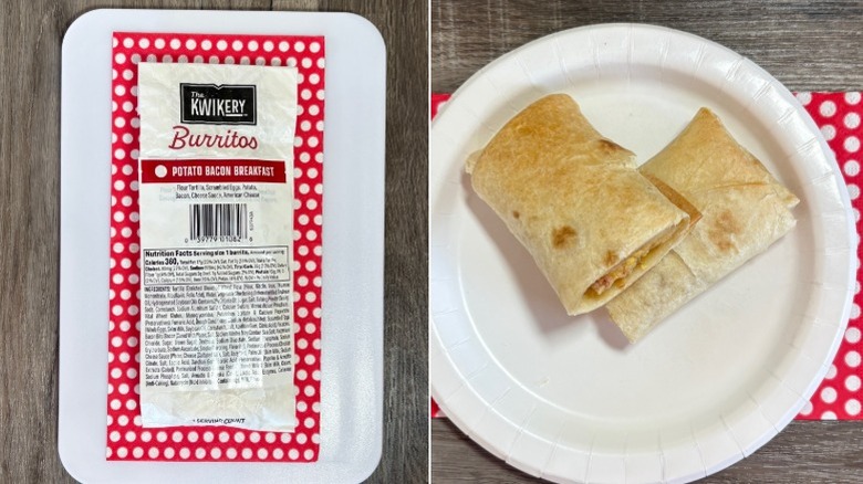 Wrapped Kwik Trip Potato Bacon Breakfast Burrito next to unwrapped burrito on plate and polka dot napkin