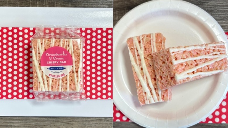 Wrapped Kwik Trip Strawberries & Cream Crispy Bar next to unwrapped bar on plate and polka dot napkin