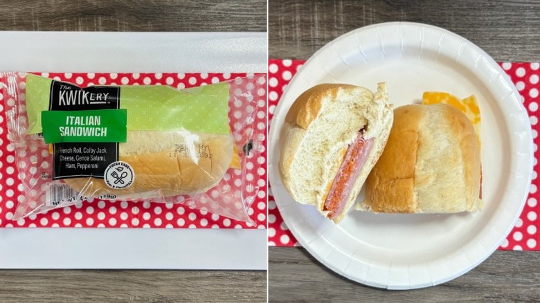 Wrapped Kwik Trip Italian Sandwich next to unwrapped sandwich on plate and polka dot napkin