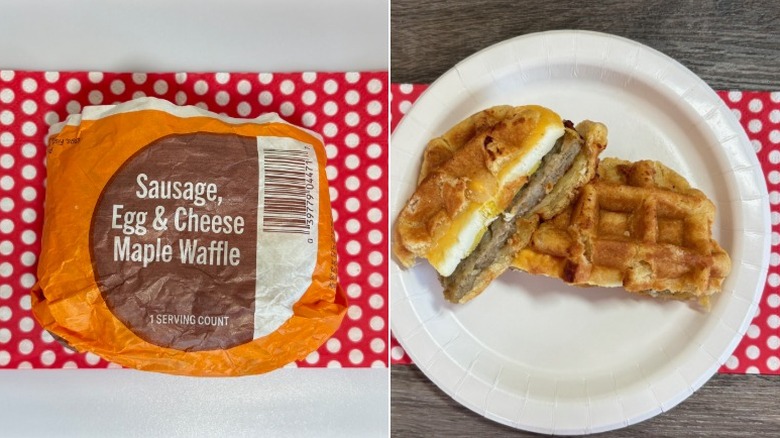 Wrapper Kwik Trip Sausage, egg & cheese maple waffle sandwich next to unwrapped sandwich on plate and polka dot napkin