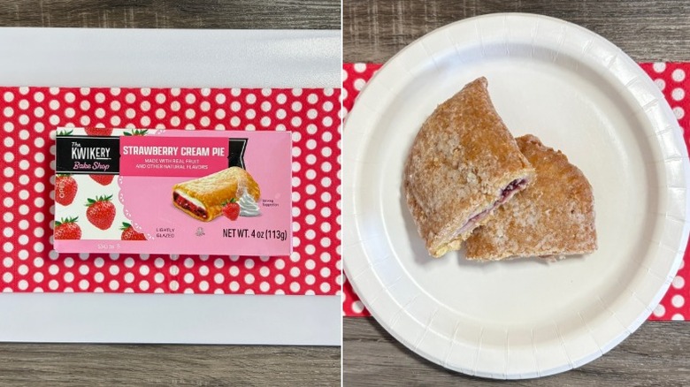 Kwik Trip Strawberry Creme Pie box next to unboxed pie on paper plate and polka dot napkin