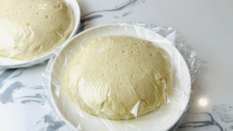 Pizza dough after resting in the refrigerator