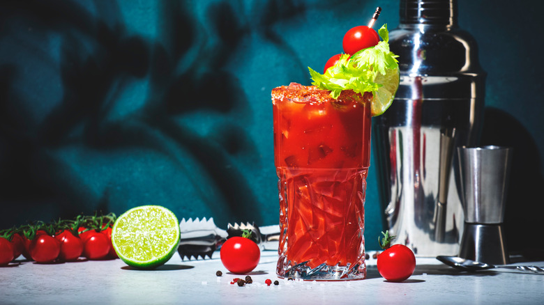 Bloody mary garnished with celery and tomatoes with a shaker and tomatoes in the background
