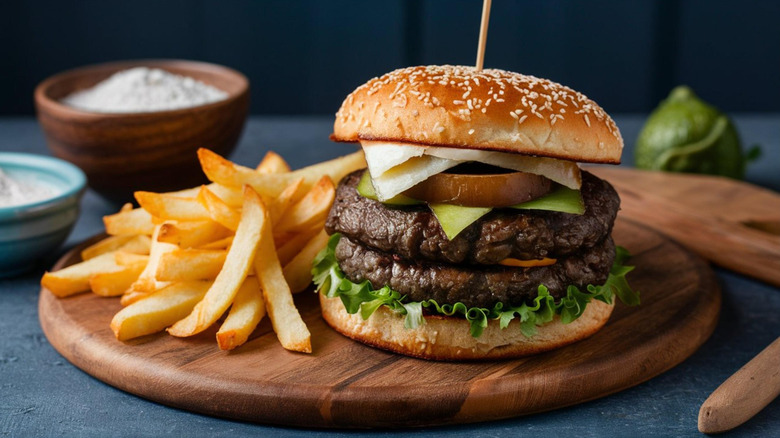 Double black bean burger with fries on wood board