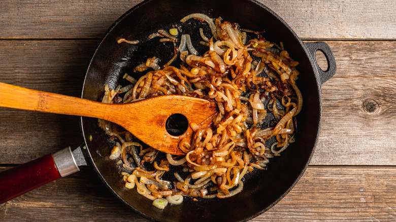 Caramelized onions in a pan.