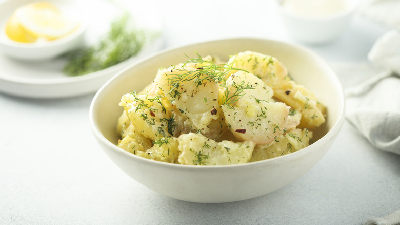 Potato salad in a bowl on a table