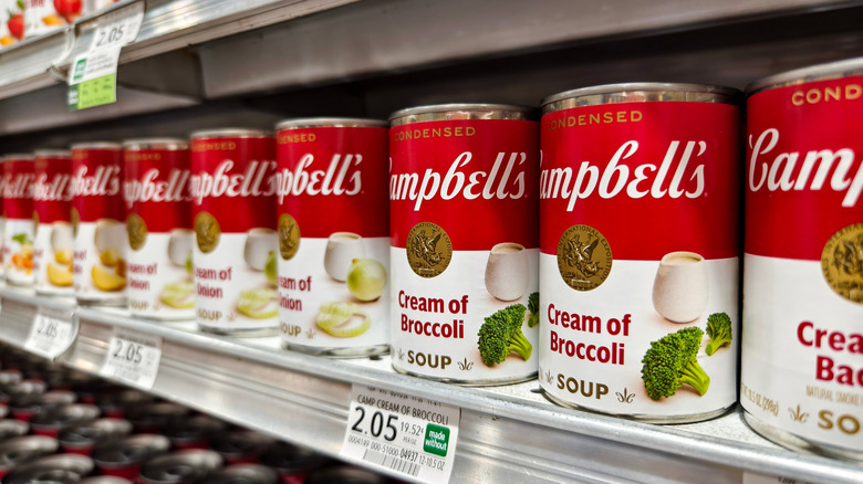 shelf full of Campbell's brand creamy soups