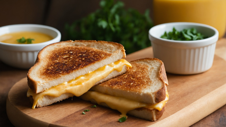 A gooey grilled cheese is arranfed on a wooden cutting board.