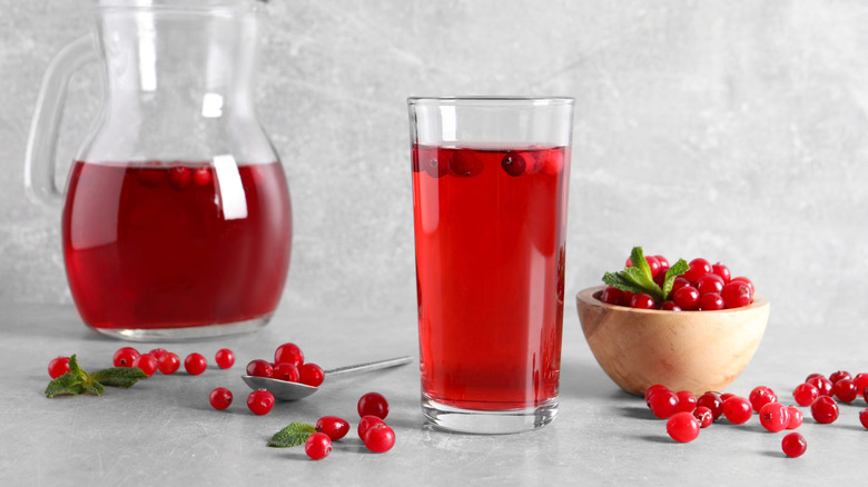 glass of cranberry juice with fresh cranberries in a bowl