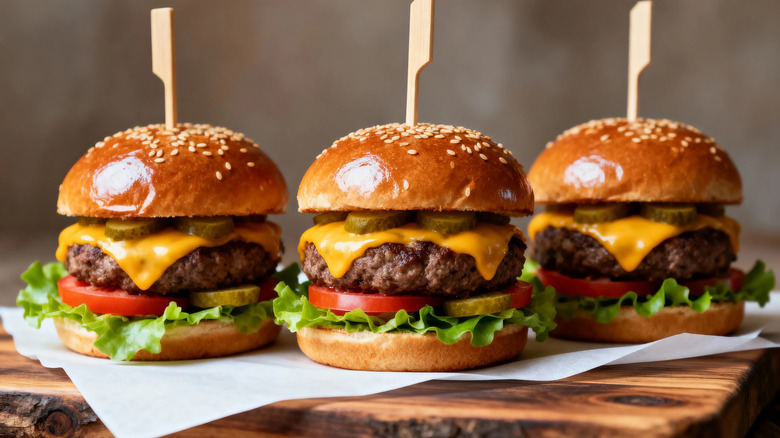 Cheeseburgers on a wooden cutting board