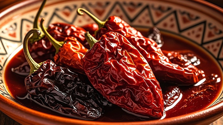 Whole chipotle peppers in adobo sauce in a large shallow bowl