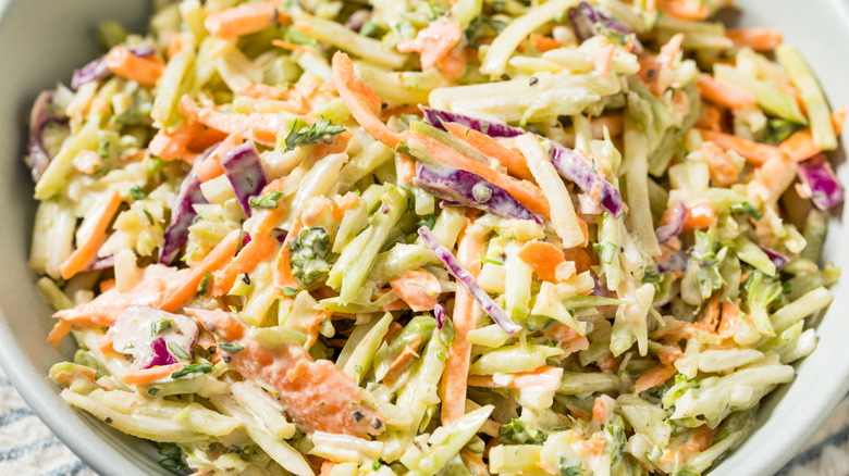 Homemade coleslaw with mayo, broccoli, and cabbage