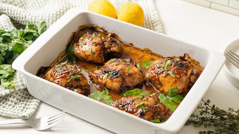 Barbecue baked chicken thighs in sauce