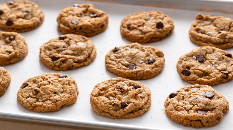 Tray of chocolate chip cookies topped with sea salt