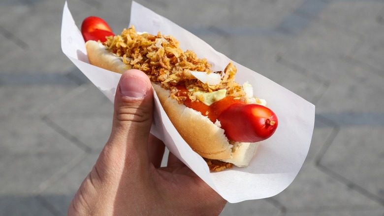A hand holding a hot dog sandwich with generous toppings