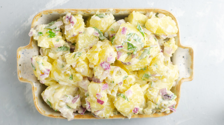 Potato salad in a casserole dish