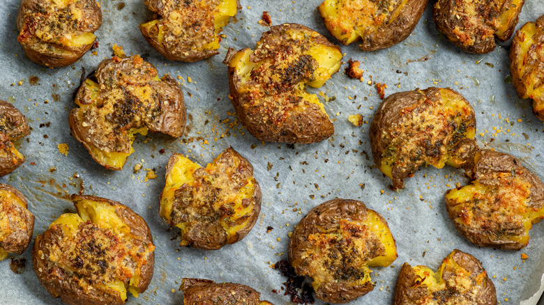 crispy smashed potatoes on a pan