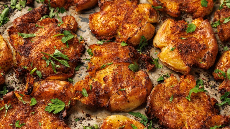 Crispy smashed potatoes baked with herbs
