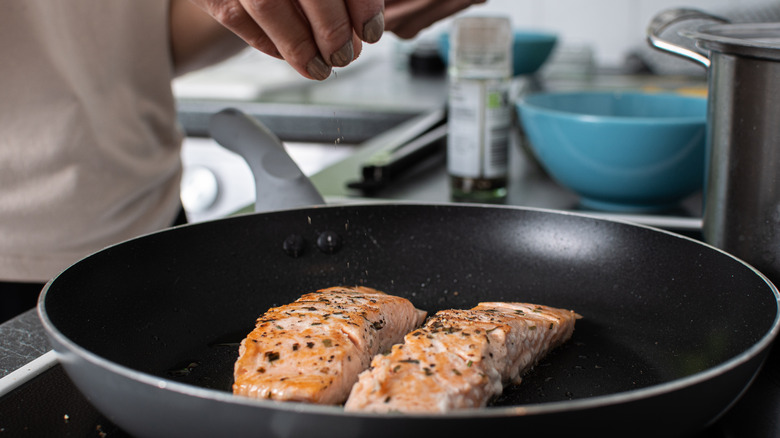 Salmon in frying pan