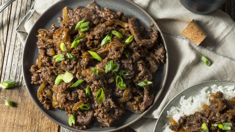 Homemade barbecue Korean beef bulgogi with white rice.