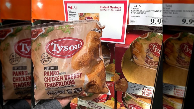 Bags of Tyson's panko breaded chicken breast tenderloins at Costco