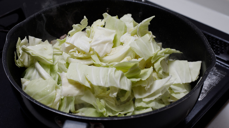 Shredded cabbage in a pan