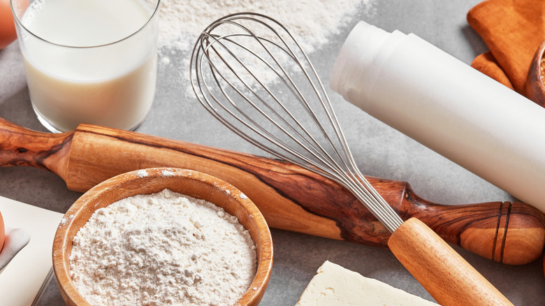 flour, milk, butter and rolling pin