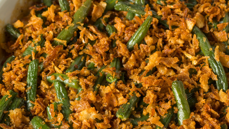 Green bean casserole topped with cornflakes.