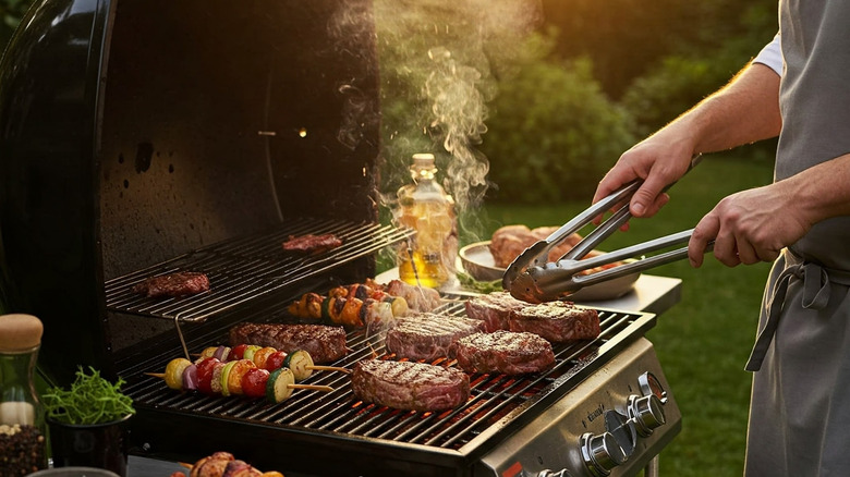 person grilling a variety of meats outdoors