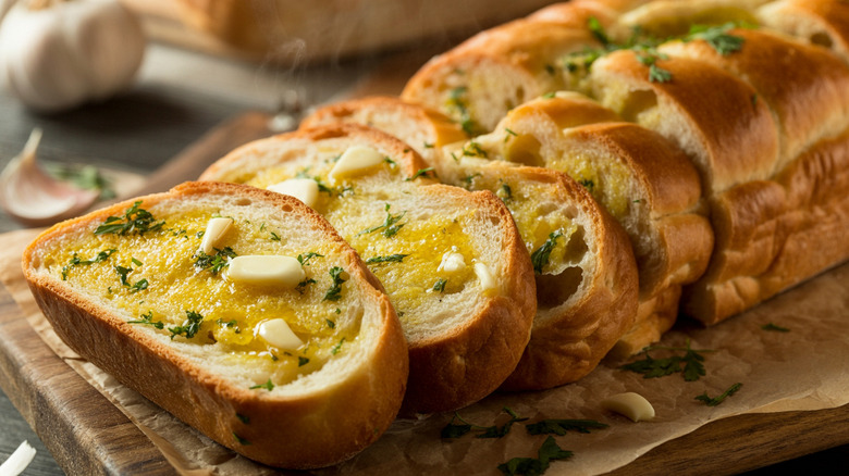 A sliced loaf of garlic bread spread coated in melted butter and chopped garlic