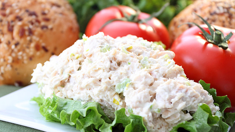 chicken salad on a bed of lettuce