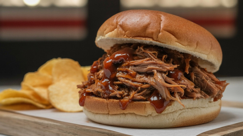 Pulled pork sandwich with potato chips on the side