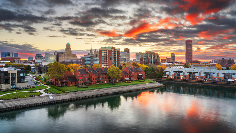Buffalo city skyline at dawn from the marina