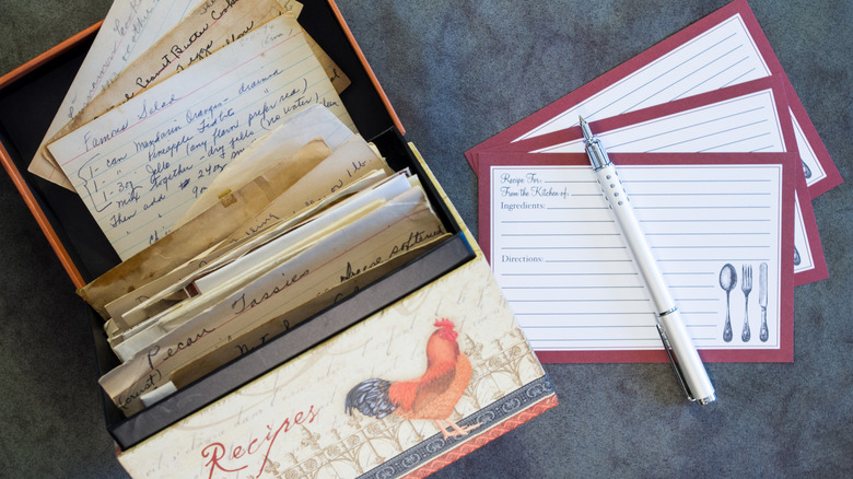 A recipe box filled with handwritten recipes