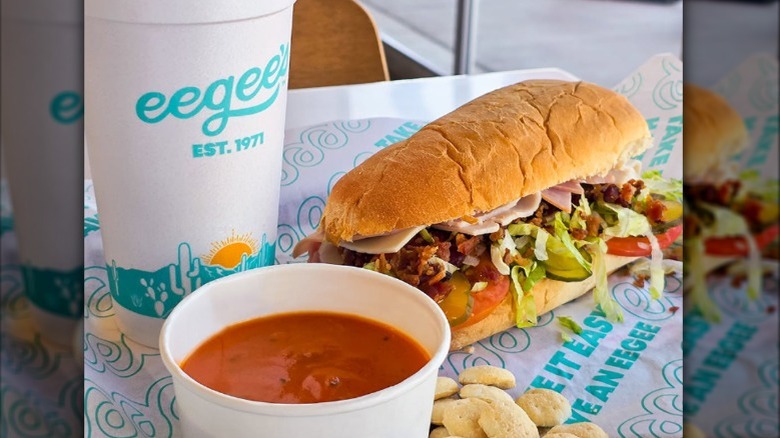 An Eegee's cup, sub, and soup