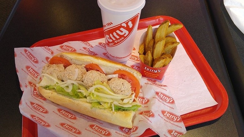 A tuna sub with fries and a drink at Jerry's Subs & Pizza