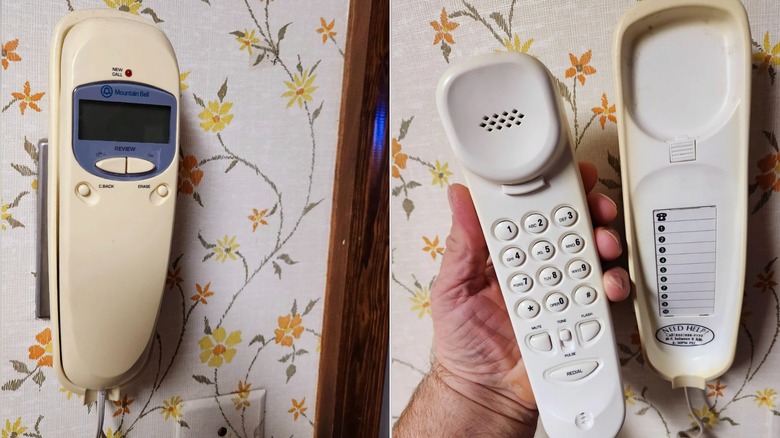 Side by side photos of a landline mounted on the wall