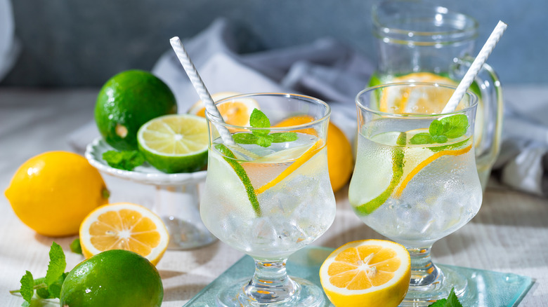 Drinks are garnished with lemons and limes.